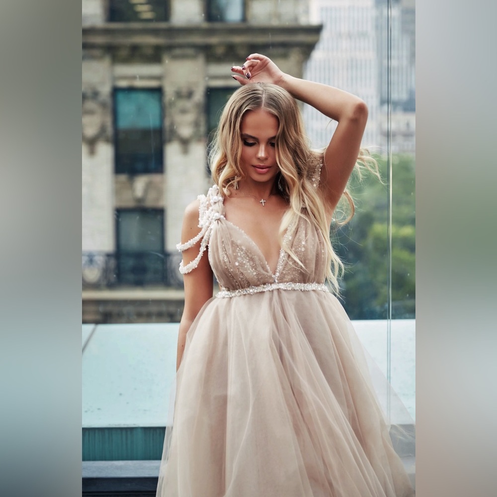 Beige cocktail dress, Beaded evening Midi dress, Airy Party dress,Wedding beige - Picture 10 of 14